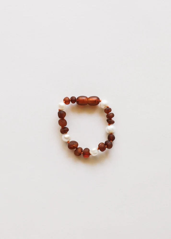 Raw Cognac Baltic Amber + Pearl Halo | Baby Anklet or Bracelet | 5"