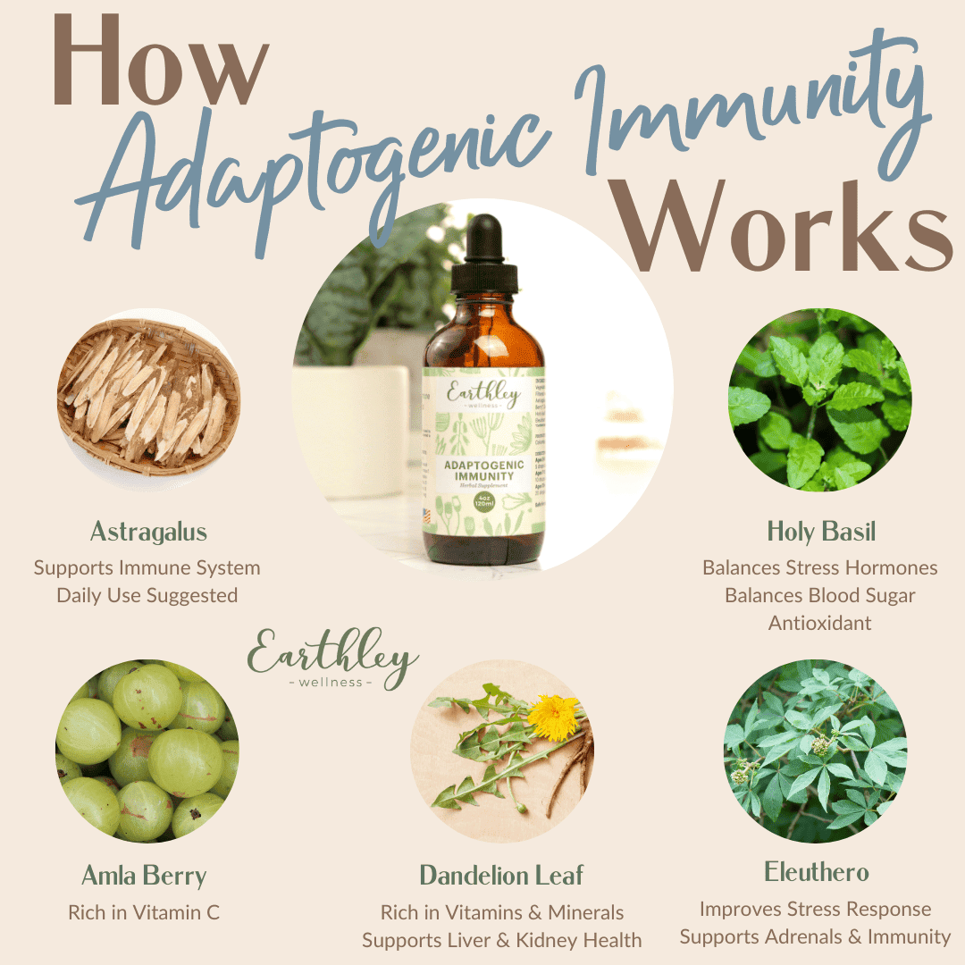 Adaptogenic Immunity by Earthley is a combination of 5 (certified organic) herbs that may help support a healthy immune system, may help improve the body's ability to cope with daily stressors, and may help nourish you to help promote total body wellness! This is an alcohol-free, botanical liquid that's highly bioavailable and easy to assimilate.