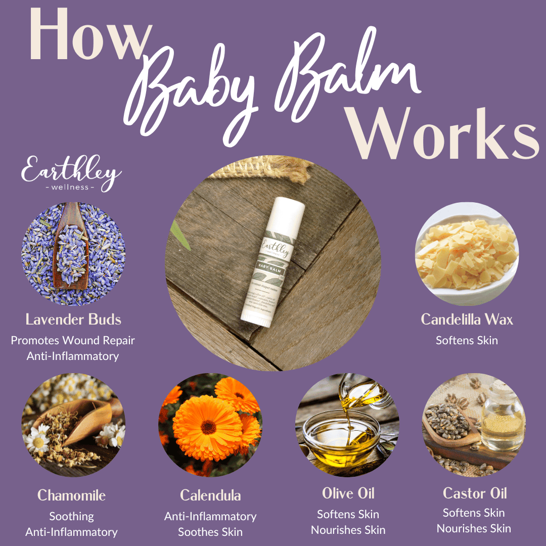 Earthley created this Baby Balm Herbal Salve for your little one who has a minor diaper rash. There are so many thick, white creams out there whose only job is to provide a barrier when your baby has a rash. Those creams may keep your baby’s bottom from getting worse, but they don’t help it get better! Our natural diaper salve protects while promoting skin health!