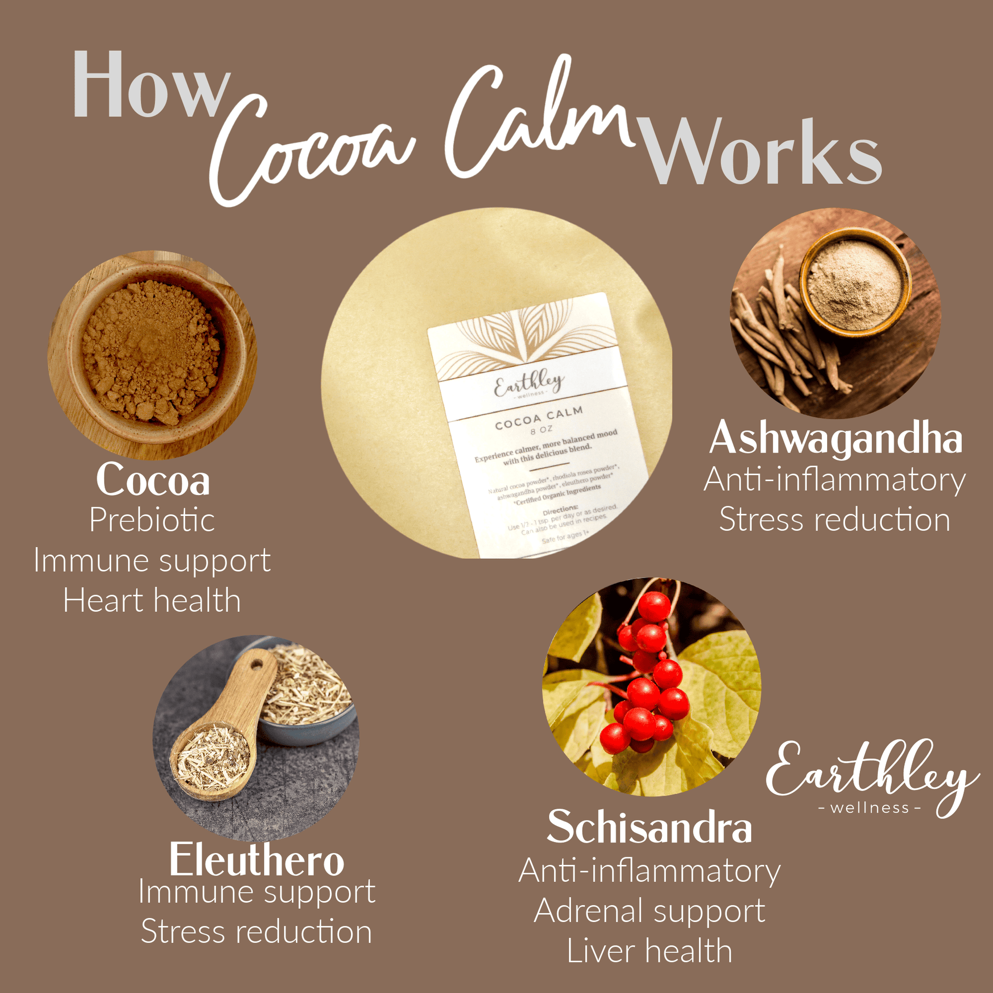 This Cocoa Calm - 8oz by Earthley may help promote total body wellness, may help support gut health, and may help improve the body's ability to cope with daily stressors! We combine all-natural, non-alkalized, antioxidant-rich cocoa powder with three key adaptogens (ashwagandha root, schisandra berry, and eleuthero root) to provide you with a powerful, yet gentle supplement.
