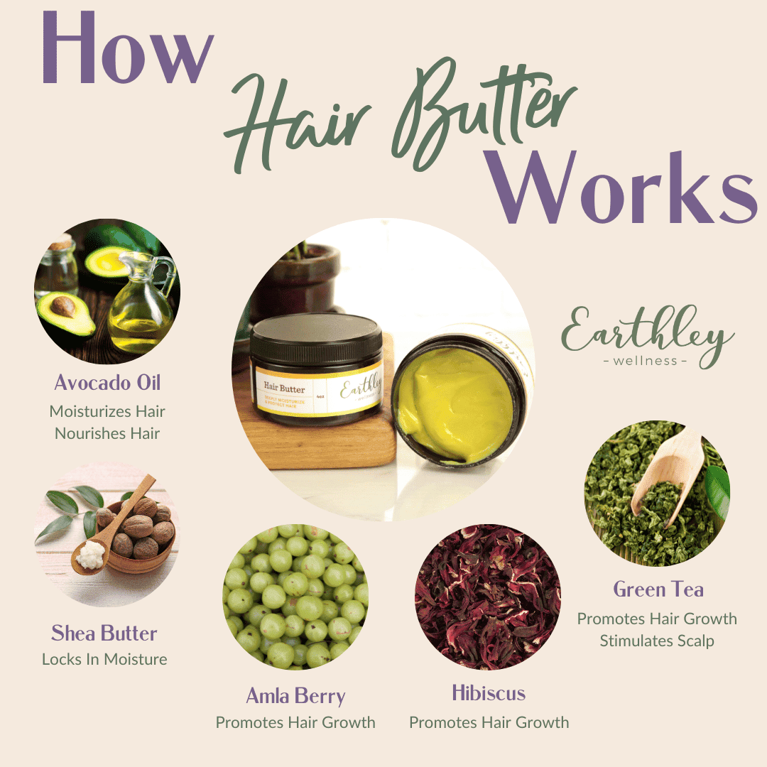 This Hair Butter by Earthley is an all-natural hair butter to help nourish and style your beautiful curls. Made with avocado oil, shea butter, amla berry, hibiscus, and green tea, our Hair Butter is rich in protein to help retain moisture retention, resist breakage, and promote hair growth.