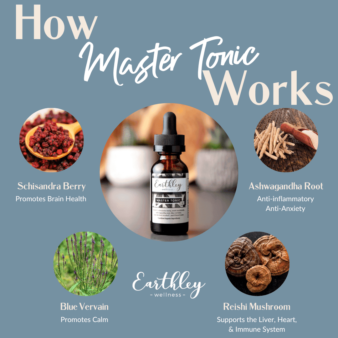 This Master Tonic - 2oz by Earthley is specifically made for those who deal with consistent mild stress or it’s just a trying time in your life. This tincture is designed to support every part of your body. Schisandra Berry helps to support your cognitive function and overall wellness. Blue Vervain helps to promote feelings of calm, along with the anti-stress and calming properties of Ashwagandha Root. We combined those with reishi mushroom which helps to support detox and the immune system.