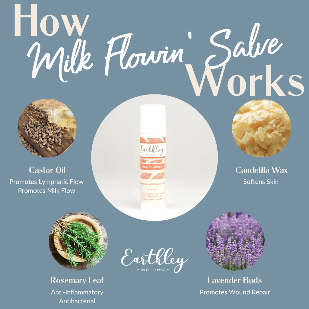 We love this Milk Flowin' Salve - Stick by Earthley. Many women experience sore spots, plugged ducts, redness, and pain in their breasts at some point during their nursing journey. Don’t suffer! Use Milk Flowin’ Salve to help promote lymphatic health and keep that milk flowin’ freely.