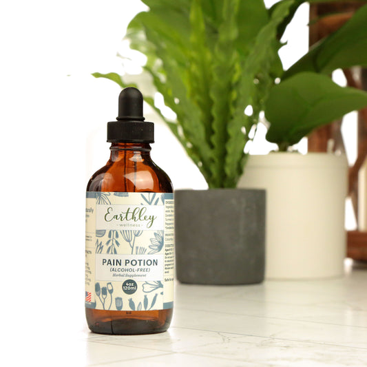 Pain Potion - Alcohol Free 2oz by Earthley is formulated with meadowsweet (an herb that has natural anti-inflammatory properties and helps relieve discomfort), dandelion root (a powerful antioxidant that promotes healthy blood sugar levels), mullein leaf (helps to relax muscles and relieve discomfort), peppermint leaf (promotes liver and lung health making nutrients easier to absorb), and turmeric root (anti-inflammatory and relieve joint discomfort). These powerful herbs combine to provide you with effecti