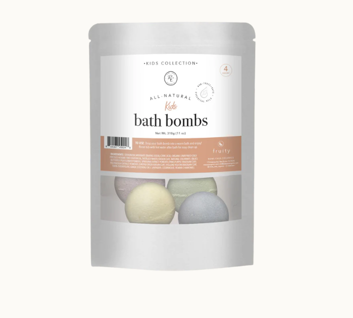 Make bath time fun and exciting for kids without any toxic chemicals with these Kids Bath Bombs | 4 Count by Rowe Casa! Give your child the very best with these gentle and safe, all-natural bath bombs made with plant-based colorants, and 100% pure and natural therapeutic grade essential oils. They will love watching their colored bath bomb fizz and enjoy the fruity fun scent or be calmed down with our sweet dreams scent. 4 different colors are in each bag (Blue, Pink, Green & Yellow).
