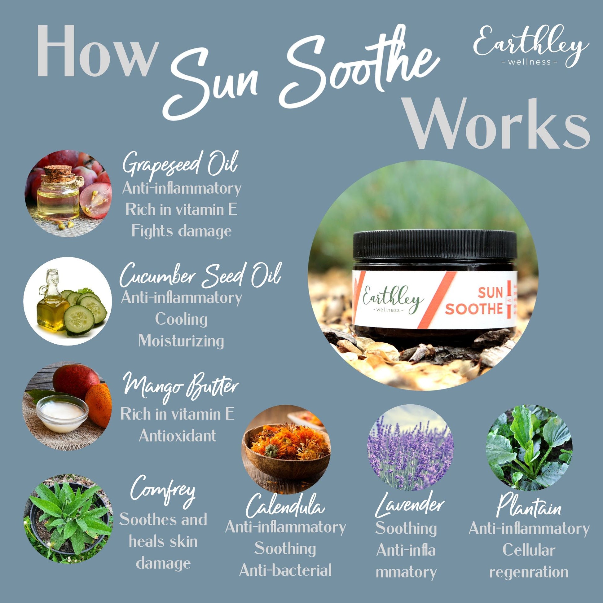This Sun Soothe - 4oz by Earthley was created to be a natural solution to promote skin health that may have been overexposed to the sun. It also helps to cool and moisturize skin to stop it from getting too dry after sun exposure. It can even be used as a daily lotion!