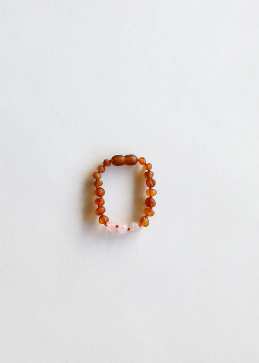 Raw Cognac Baltic Amber + Rose Quartz | Adult Anklet or Bracelet | 7"