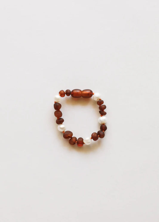 Raw Cognac Baltic Amber + Pearl Halo | Adult Anklet or Bracelet | 9.5"