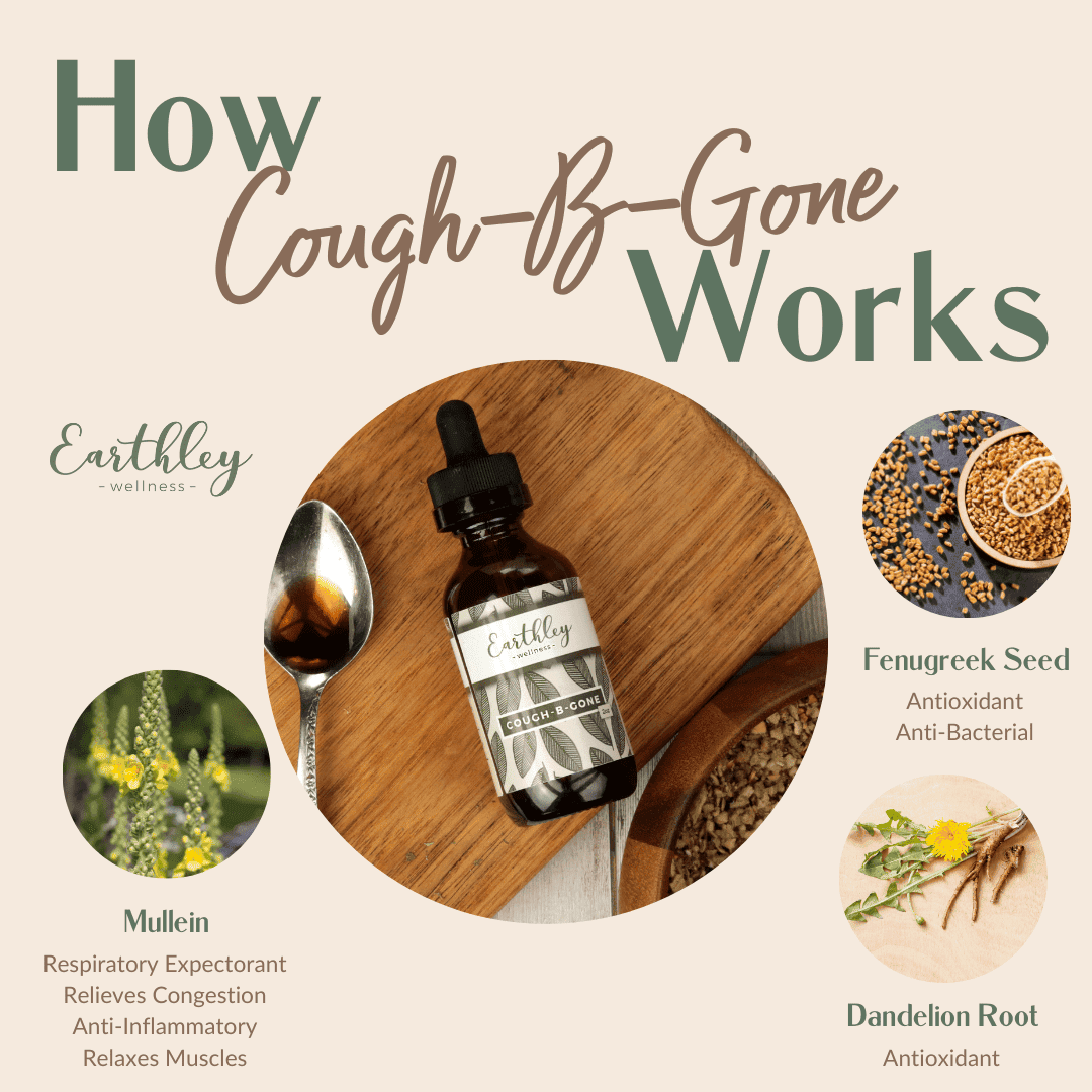 Cough-B-Gone by Eathley is a cough expectorant, not a suppressant. Cough-B-Gone helps to relieve colds, congestion, and coughs naturally with herbs. We combine the power of Mullein Leaf, Fenugreek Seed, and Dandelion Root to help you cough your way to relief!