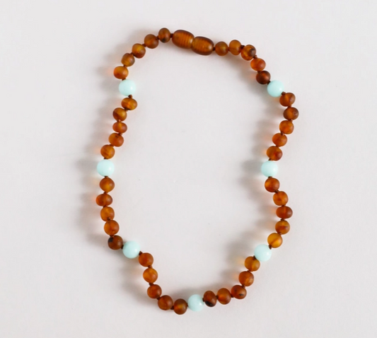 Raw Cognac Baltic Amber + Amazonite || Halo Necklace 11"