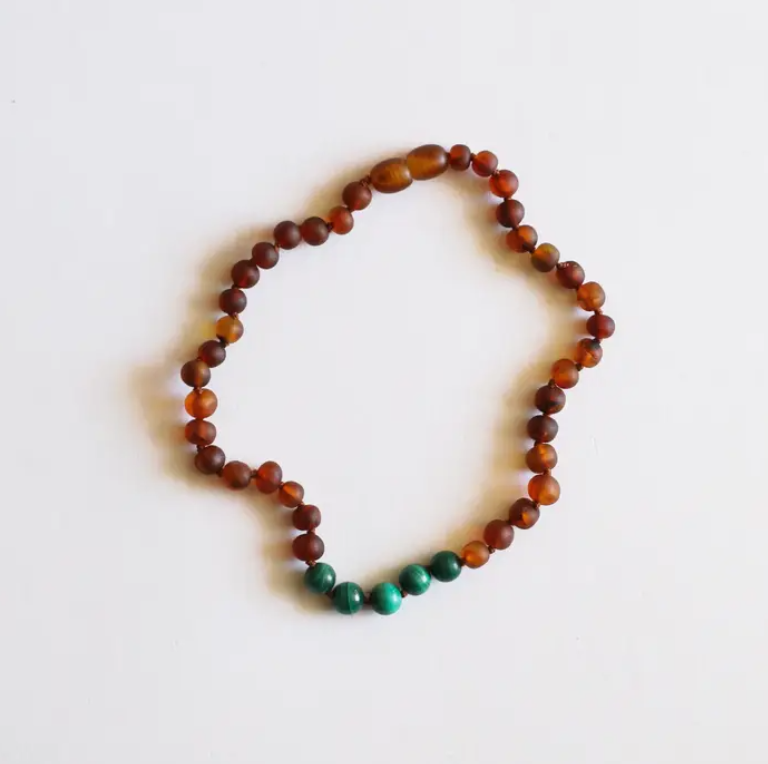 Raw Cognac Baltic Amber + Malachite || Necklace 11"