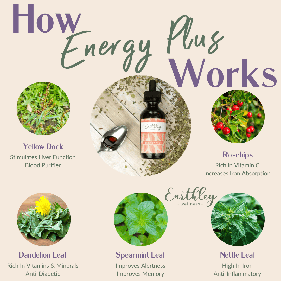 This Energy Plus Herbal Iron tincture by Earthley is made from whole herbs that are bioavailable! That means the body can easily absorb and use the nutrients.

Formulated with nettle (contains iron), yellow dock (may support healthy blood), dandelion leaf (multiple vitamins and minerals), as well as other herbs that support energy and focus, Energy Plus is a must have for those who struggle with staying awake and having energy!