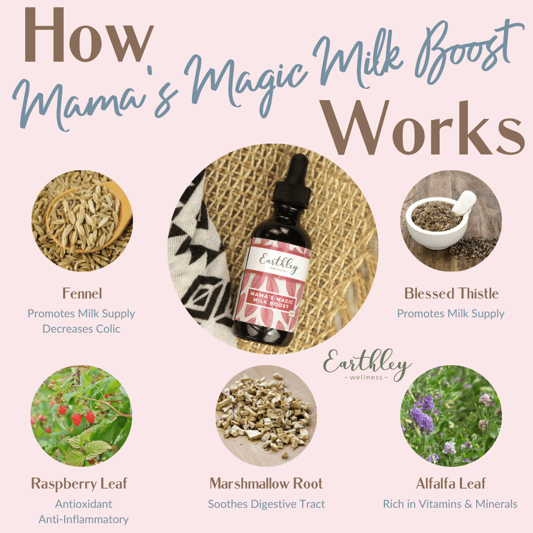 This Mama's Magic Milk Boost - 2oz by Earthley was created to provide an all-natural solution for increasing milk supply. Signs you may need Mama's Magic Milk Boost:

Struggling to maintain milk supply
Decrease in milk supply as baby gets older
Supporting milk supply while pumping