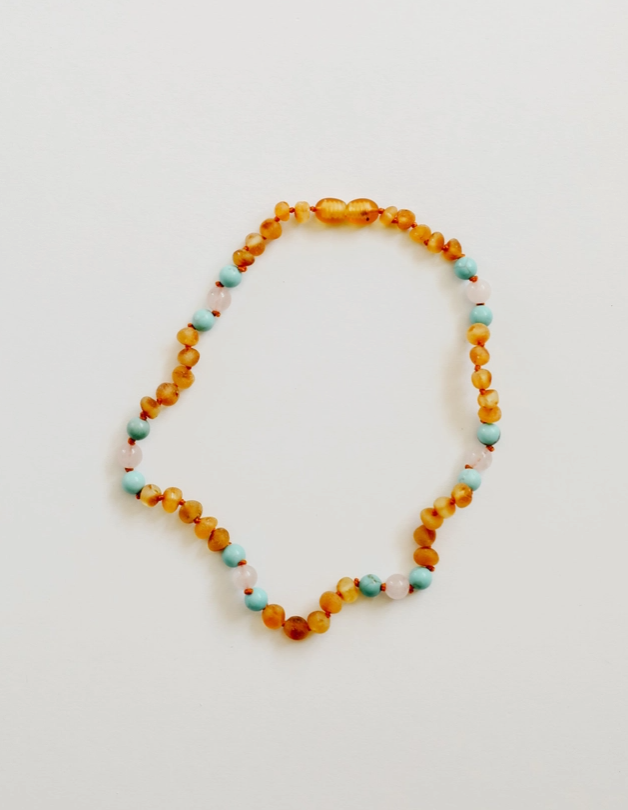 Raw Honey Baltic Amber + Turquoise + Rose Quartz || Necklace - Baby 11"