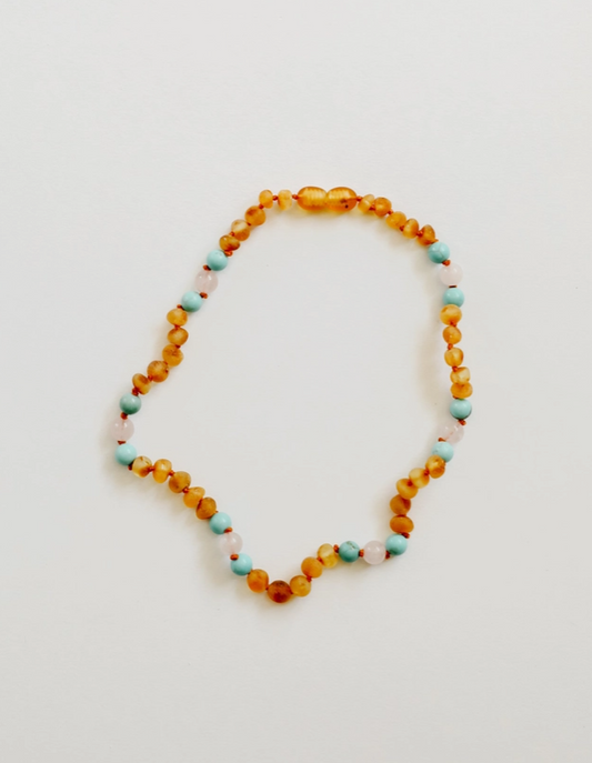 Raw Honey Baltic Amber + Turquoise + Rose Quartz || Necklace - Baby 11"