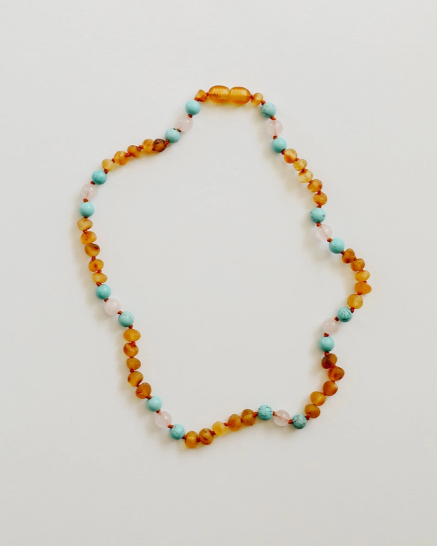 Raw Honey Baltic Amber + Turquoise + Rose Quartz || Necklace - Baby 11"