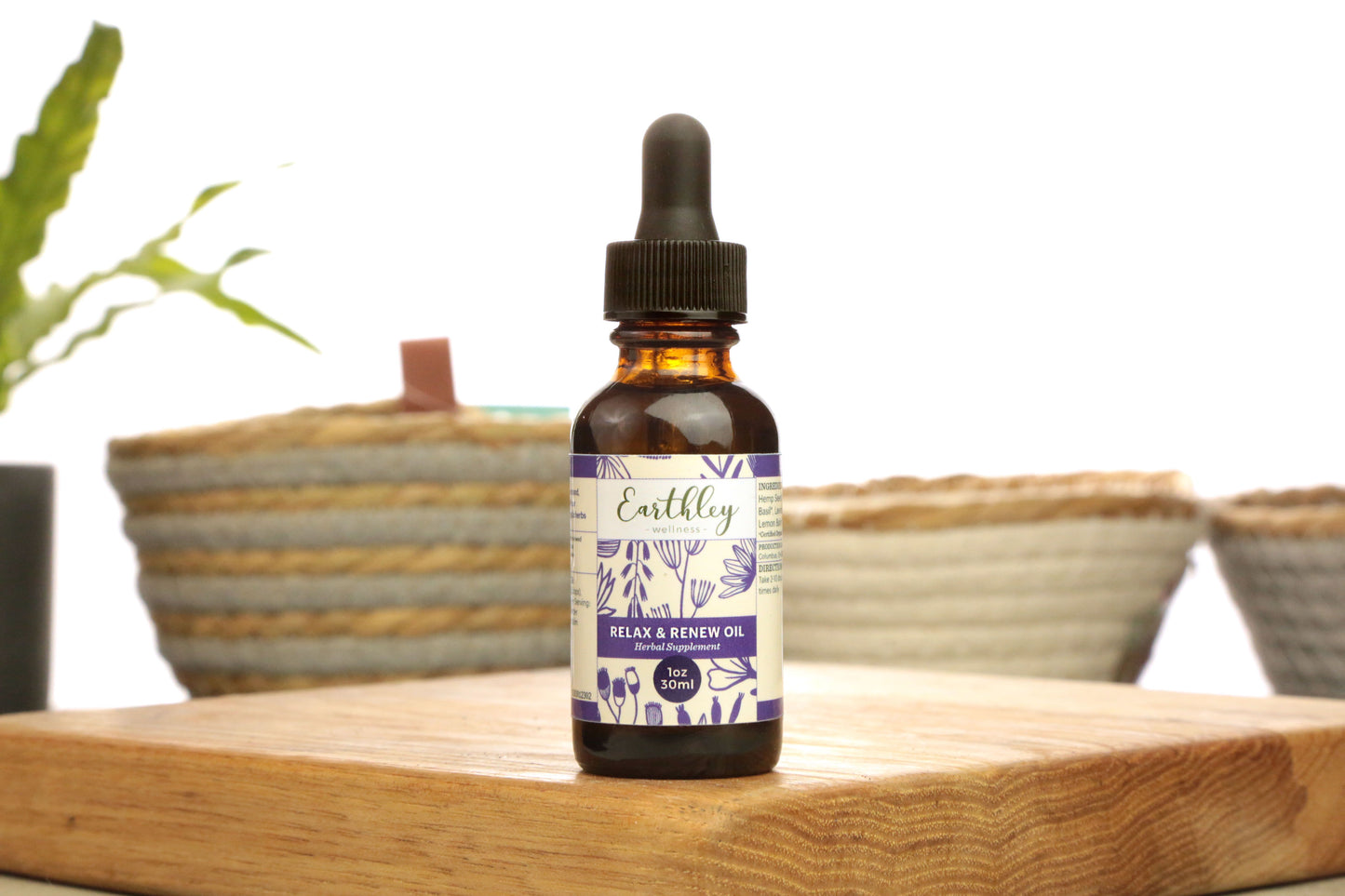 Earthley's Relax and Renew Oil - 30ml combines a blend of holy basil, lavender, and lemon balm infused into a base of hemp seed oil. The results - a rich oil that promotes calmness and uplifted moods to help you easily adapt to whatever life throws your way.