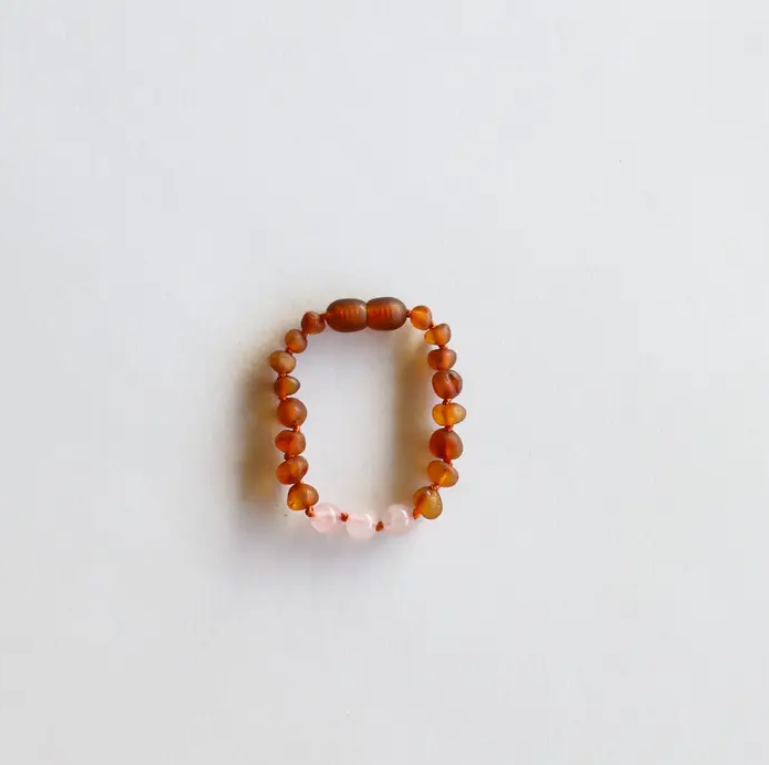 Raw Cognac Baltic Amber + Rose Quartz || Adult Stretch Bracelet 7"