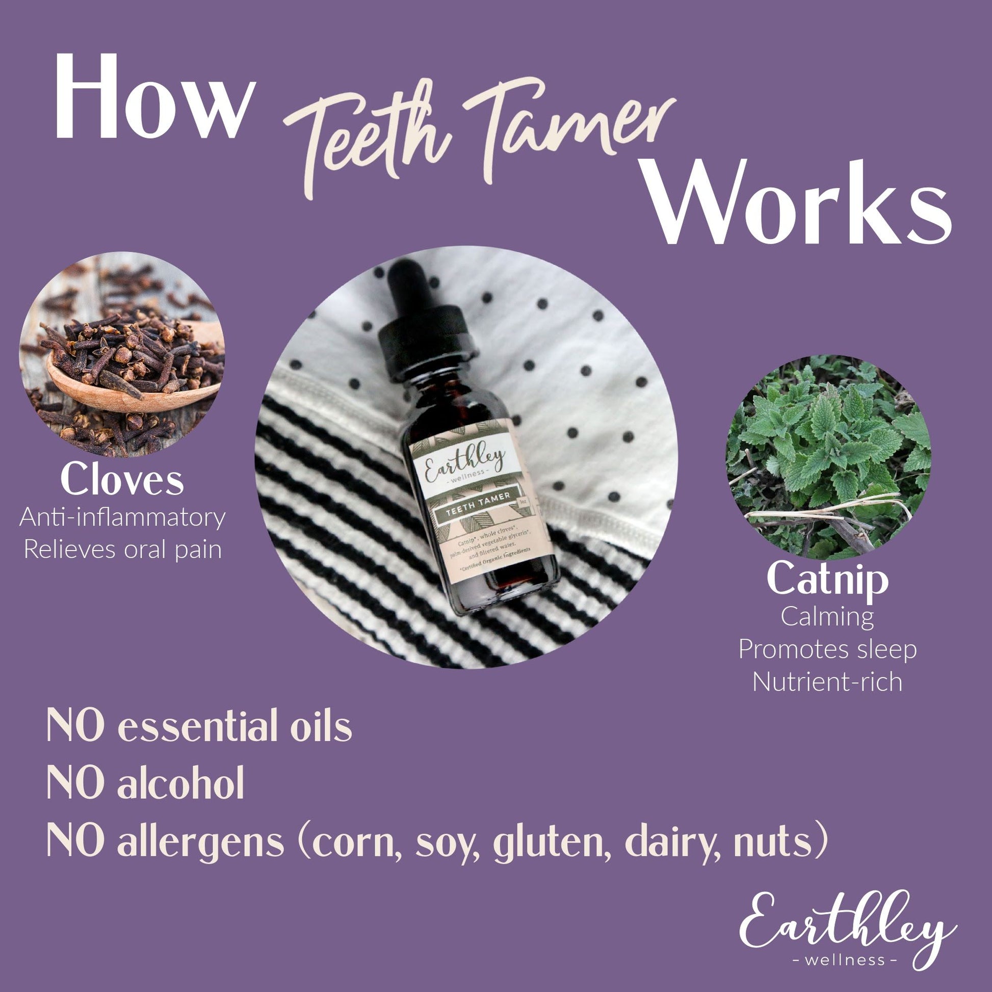 This Teeth Tamer - 2oz by Earthley is a whole clove tincture fit for babies through adults.&nbsp;Many in the natural community have suggested using clove essential oil on teething baby gums, but that is actually dangerous for babies, even if diluted, due to the chemical constituents in clove essential oil. We decided to make a whole clove tincture because clove is known for its anti-inflammatory and numbing properties.